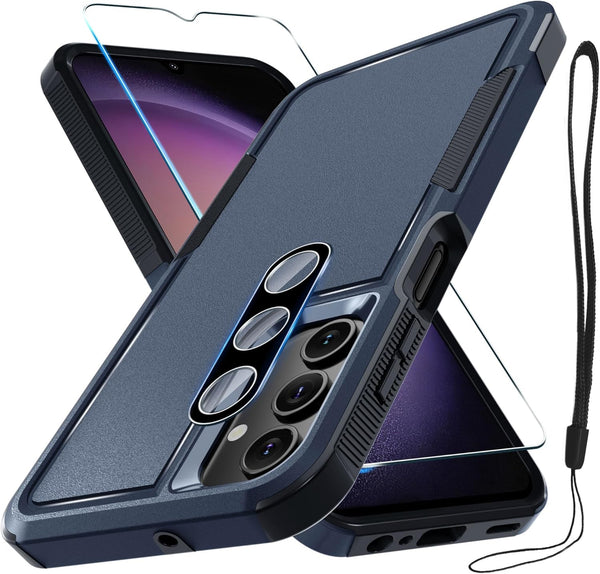 for Samsung Galaxy A15 5G Case, Full Body Heavy Duty Rugged Protective Cover with Lanyard Strap - Navy Blue