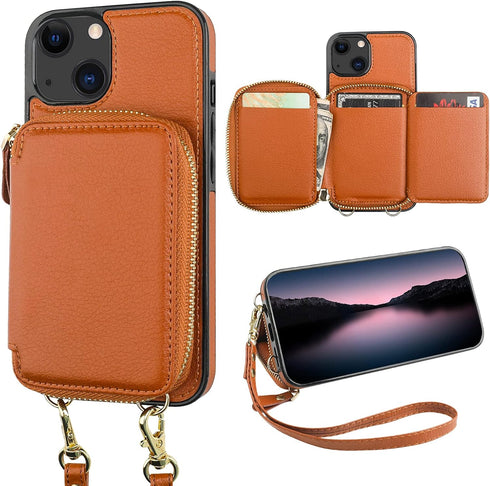 Bocasal RFID Blocking Wallet Case for iPhone 14 & 13, Adjustable Crossbody Zipper Purse with Kickstand, 6.1 Inch (Brown)