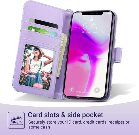 ULAK PU Leather Wallet Case for iPhone 11 with Card Holder, Flip Cover with Kickstand Magnetic Closure - Blossom Blue
