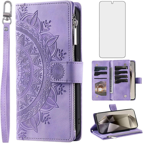 Samsung Galaxy S24 Ultra 5G Wallet Case with Mandala Flower, Tempered Glass Protector, Zipper Card Holder, Wrist Strap