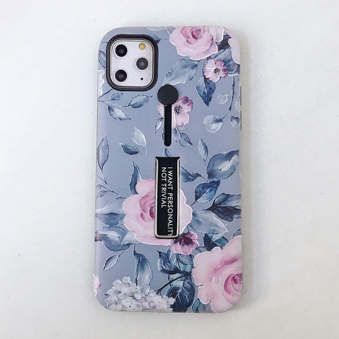 Compatible with iPhone 11 Pro Max Case, Finger Grip, 3D Embossed Pink Flowers Gray Shell Design, Rugged Shockproof Case