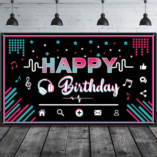 Music Happy Birthday Party Backdrop, Large Fabric Banner for Teens, 73 x 43 Inches