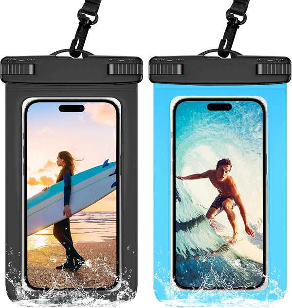 2 Pack IPX8 Universal Waterproof Phone Pouch Dry Bag Protector for iPhone 15 14 13 12 11 Pro Max Plus XS XR (Black+Blue)