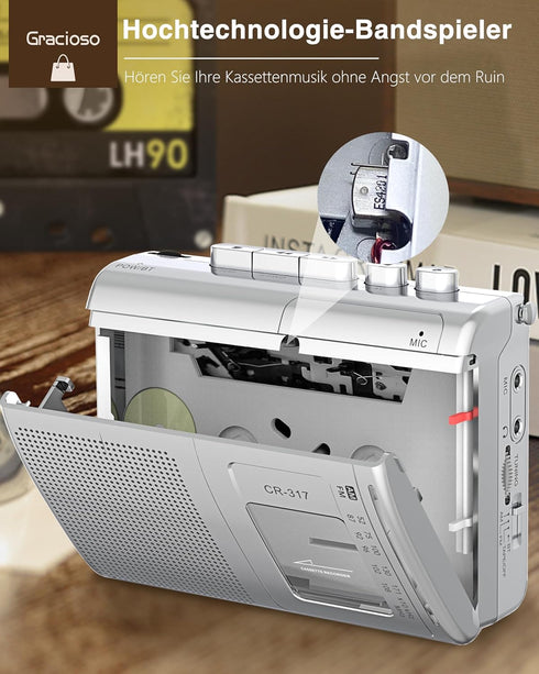 Gracioso Portable Cassette Player Recorder with Bluetooth Transmitter, AM FM Walkman with Headphone Jack, Big Speaker,