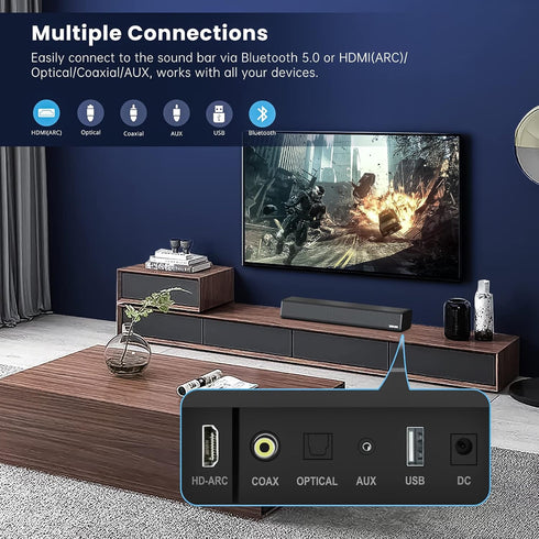 Sound Bar, BESTISAN 50 Watts Soundbar with HDMI, Optical, Coaxial, AUX, USB and Bluetooth Connection, Bass Adjustable,