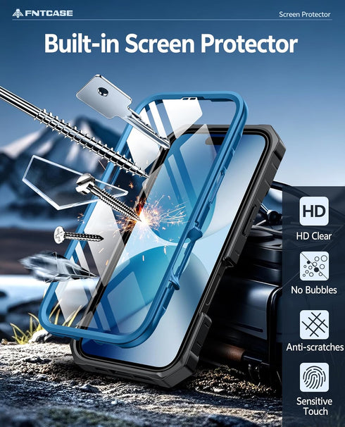 FNTCASE 17 6.3 inch-Blue for iPhone Phone Case: Military Grade Rugged Cell Phone Cover with Kickstand & Holster |