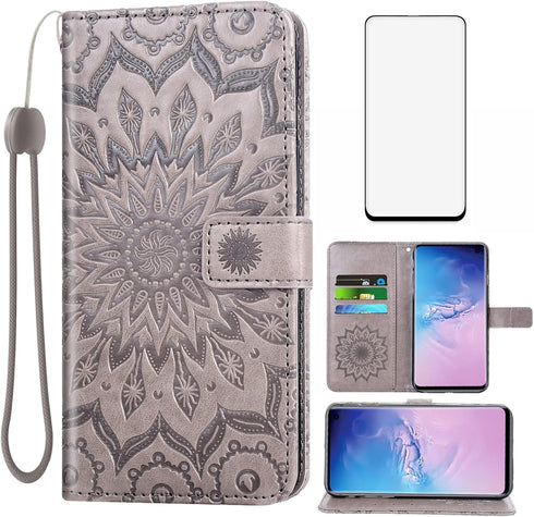 Samsung Galaxy S10e Phone Case Wallet with Magnetic Flip Cover, Tempered Glass Protector, Card Holder, Gray
