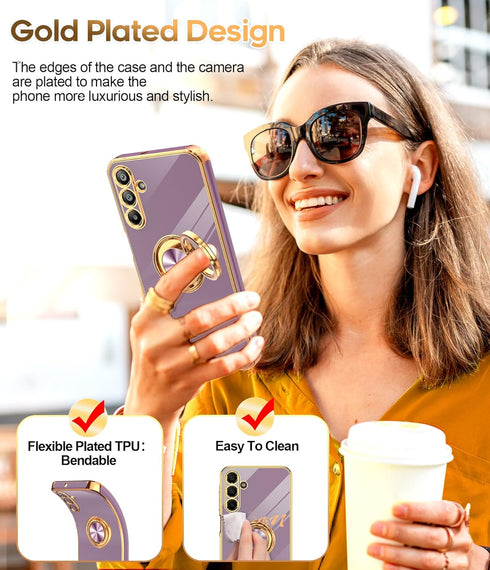 LeYi Samsung Galaxy A15 5G Case with Tempered Glass Screen Protector, 360° Rotatable Ring Holder, Purple