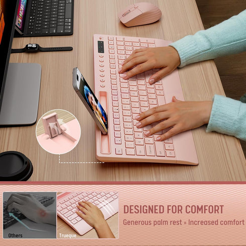 Trueque 2.4G Set Pink Keyboard and Mouse Wireless, Lag-Free Cute Keyboard Combo with Ergonomic Wrist Rest, Phone Holder