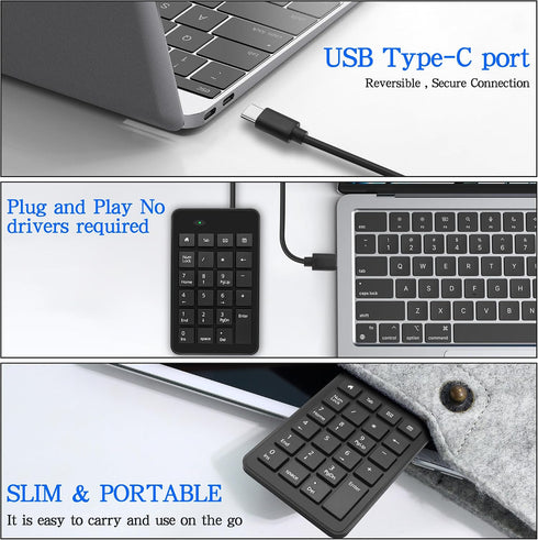XMSJSIY 23 -1 USB Type-C Number Pad Wired Keys Type-C Numeric Keypad with Tab, Home, Email & Calculator Keys