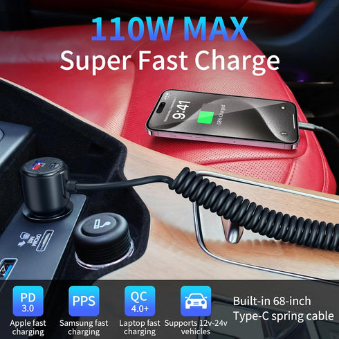 110W Fast Charging USB Car Charger, 3-Port Type-C Car Adapter with Retractable Cable for iPhone15/14/13, iPad, MacBook, Samsung Galaxy, and Other USB C Devices