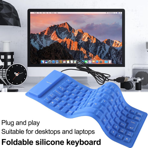 Soft Silicone Keyboard, Foldable Keyboard, Silent, Portable Silicone Wired Keyboard, USB+PS2 Interface, Convertible, Waterproof and dustproof, for Desktop Computers, notebooks, 85 Keys (Blue)