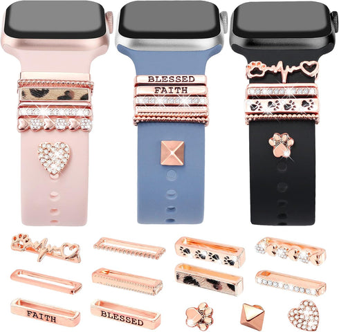 JR.DM 13 Pieces Rose Gold Watch Band Charms with 10-Pcs Decorative Rings & 3-Pcs Decoration, Compatible with Apple Watch