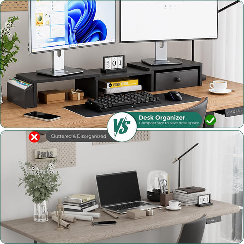 VERSASKY Dual Monitor Stand Riser, Adjustable Length & Swivel Angle Monitor Stand, Ergonomic Monitor Stand with Drawer