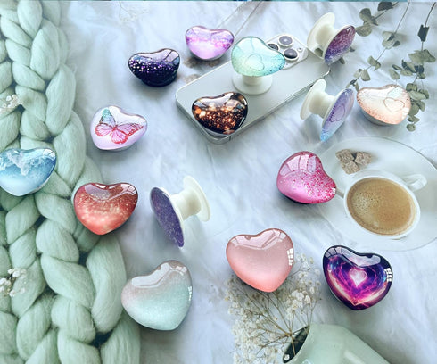 Expanding Heart Glass Mobile Phone Grip Holder for Smartphones, Collapsible Cell Phone Stand (Purple Blue Heart)