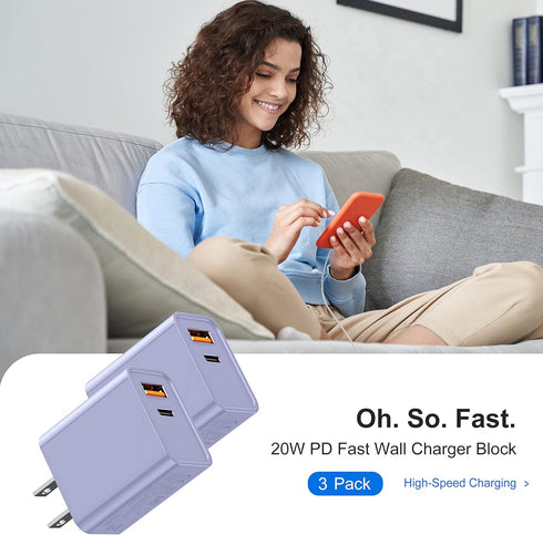 3 Pieces USB C Wall Charger Cube, 20W PD Type C Quick Power Adapter for iPhone 14/14 Pro Max/15/15 Pro Max, Samsung S21