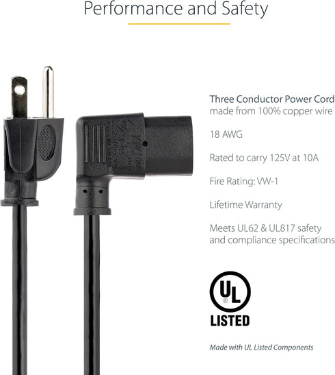 StarTech.com 3ft (1m) 5-15P C13, 10A 125V, 18AWG, (PXT101L3) Computer Power Cord, NEMA To Right Angle Replacement AC