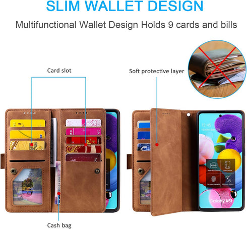UEEBAI Wallet Case for Samsung Galaxy S21 5G, Retro 9 Card Holder Slots, Zipper Pocket PU Leather Handbag