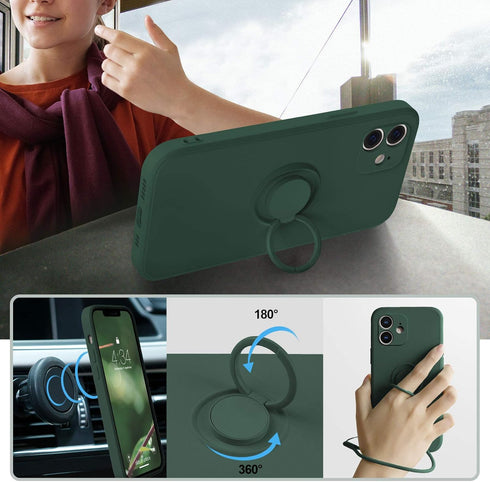 ABITKU iPhone 12 Case Compatible, Silicone with 360° Ring Kickstand Holder (Army Green) Soft Microfiber Cloth 6.1 inch