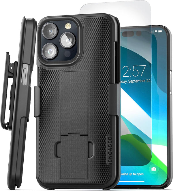 Encased DuraClip Holster for iPhone 15 Pro Case with Belt Clip Phone Holder and HD Screen Protector (iP15-PRO 6.1") -