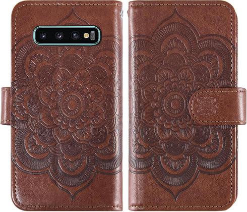 Asuwish Wallet Case for Samsung Galaxy S10 Plus - Brown Leather Flip with Tempered Glass & Card Holder Stand.
