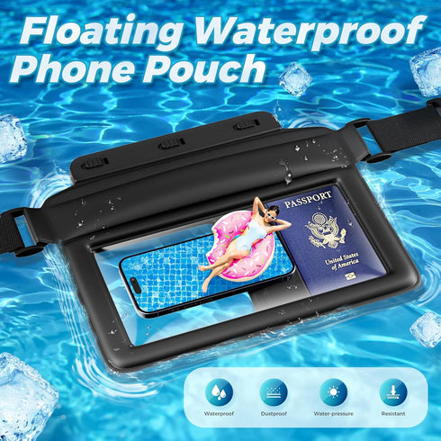 JOTO Floating Waterproof Phone Pouch with Waist Strap, Large Cellphone Dry Bag Fanny Pack for iPhone 15 14 13 Pro Max, Galaxy S24 S23 Ultra and Valuables, Snorkeling Boating Beach Essential -Black