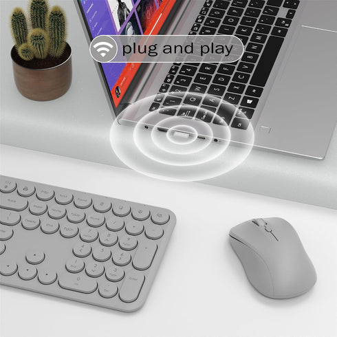 KEQTFT 110 1xUSB Wireless Keyboard and Mouse Combo, Round Quiet Keys, Adjustable Optical Mouse, Share Receiver, Power