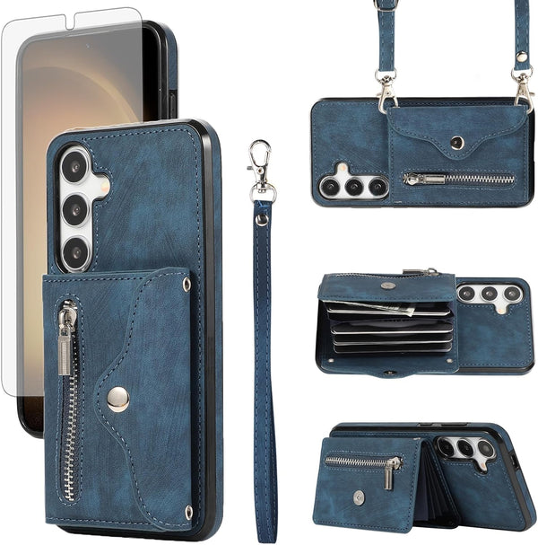 Phone Case for Samsung Galaxy S24 5G - Wallet Cover with Tempered Glass Screen Protector, Blue
