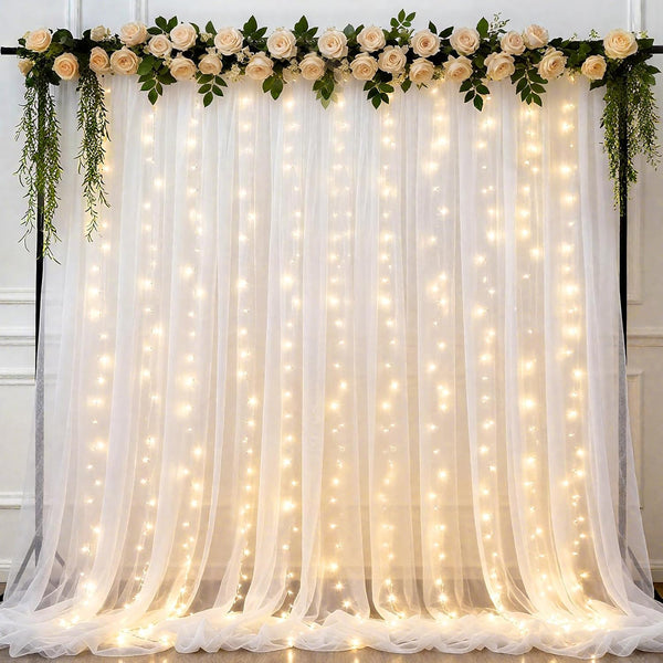 Ledido 1010ft White Tulle Backdrop Curtains with Lights String - 300LED Fairy Lights