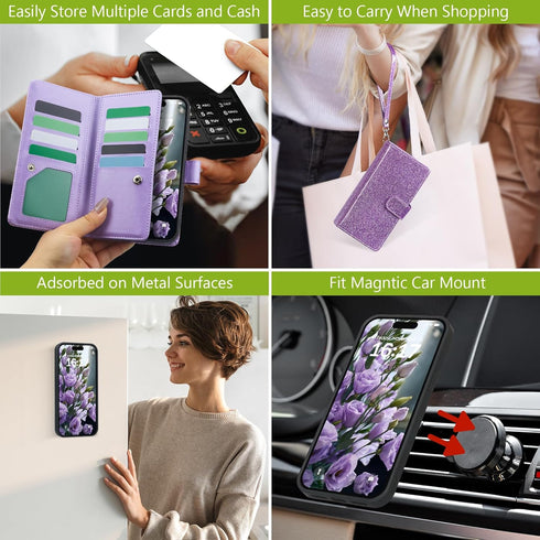 Varikke for iPhone 13 Pro Wallet Case with Card Holder, Fashion Glitter Leather Strap Magnetic Flip Cover (Light Purple)