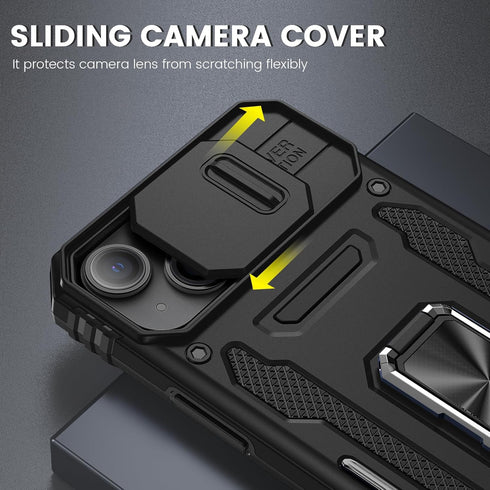 Maxdara iPhone 15 Case, Black with Front Glass Protector, Slide Camera Cover & Rotating Kickstand for 6.1" iPhone 15.