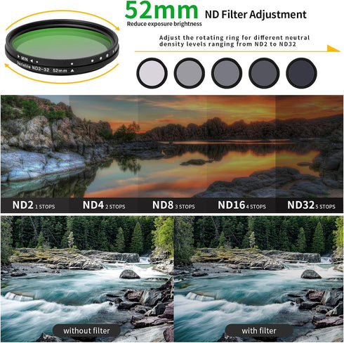Beysfilter 52MM ND2-32 16/15/14/13 Variable Filter for Phone, Multi-Coating Clip-On Variable Neutral Density Lens Kit