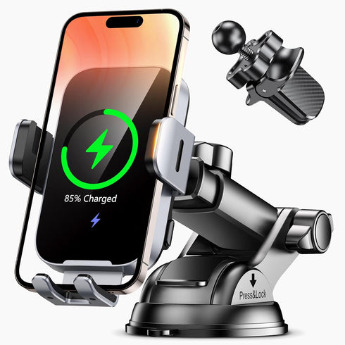 Wireless Car Charger Mount Auto Clamping, 15W Fast Charging Holder for iPhone 15 14 13 12 Pro Max