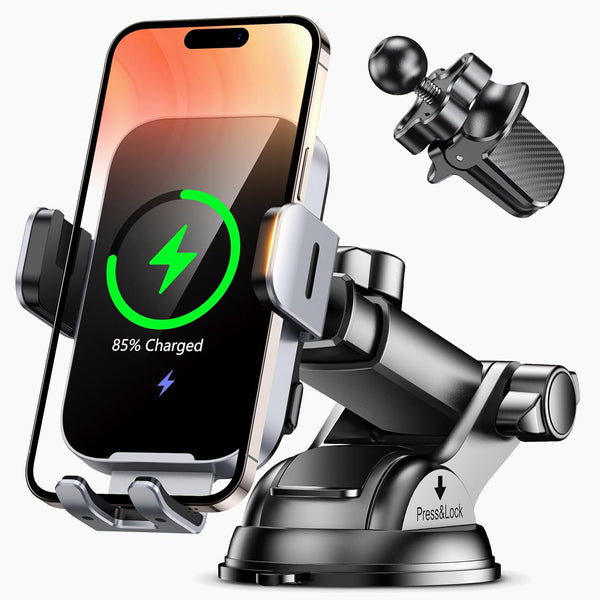 Wireless Car Charger Mount Auto Clamping, 15W Fast Charging Holder for iPhone 15 14 13 12 Pro Max