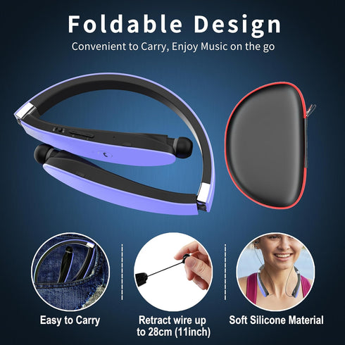 Headset AMORNO Foldable Bluetooth Headphones Wireless Neckband with Retractable Earbuds, Sports Sweatproof Noise