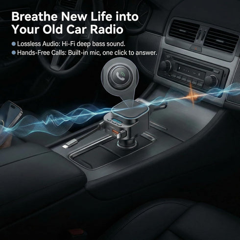 JOULPOUZA 96W 4-in-1 5.3 Retractable Car Charger, FM Transmitter, Fast Charging USB C Bluetooth Car Adapter, Wireless