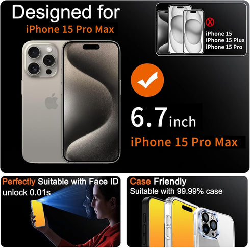 2 PACK Privacy Screen Protector for iPhone 15 Pro Max, Anti Spy Gradient Tempered Glass with Installation Alignment