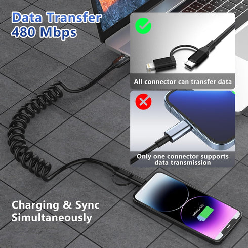 USB to USB-C and Lightning Cable 2 in 1, Short Coiled, 3A Fast Charge & Data Sync, Support Apple Carplay & Android Auto