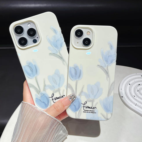 Artistic Blue Tulip Flower Soft Case for iPhone 14 Pro Max (Beige)