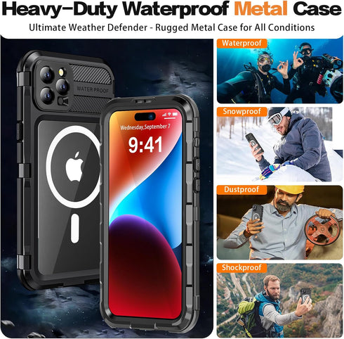 iPhone 15 Pro Max Waterproof Case Compatible with MagSafe, Metal Heavy Duty IP68 Underwater Built-in Screen Protector,