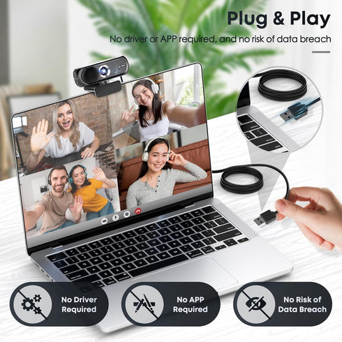 Shcngqio 1080P HD Webcam with Microphone, Noise Cancellation, Privacy Cover, Wide-Angle Lens, Auto Light Correction