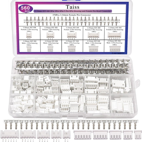 Taiss 560PCS 2.54mm JST-XH Connector Kit, 2/3/4/5/6 Pin Housing Female and Male Adapter Cable Connectors