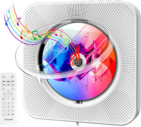 Wall CD Player with Speakers, ROADOM Bluetooth CD Player for Home, Hi-Fi Stereo Sound, Remote Control, White