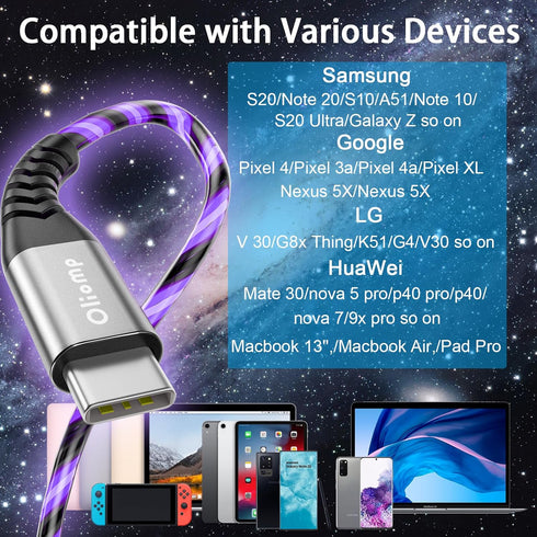 USB C to USB C Fast Charging Cable 6ft 60W 3A with LED Light Up Charger for Samsung Galaxy S23/S22/S21/S20/MacBook Pro