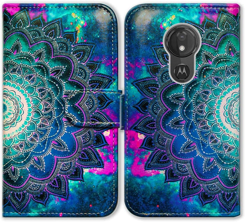 Moto G7 Power/Moto G7 Supra Case - Mandala Flower Space Leather Flip Wallet Cover with Card Slot