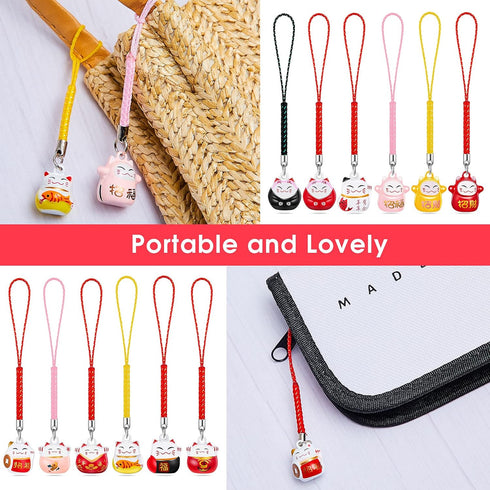 12 Pcs Lucky Cat Keychain Phone Charms, Fengshui Fortune Japanese Beckoning Cat Maneki Neko Pendant for Good Health