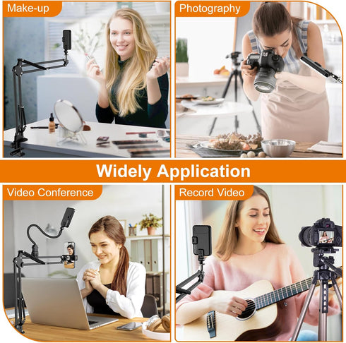 Overhead Phone Mount with 60 LED Light: Portable Selfie Light and Phone Holder for Desk, Camera Mount Arm Stand for