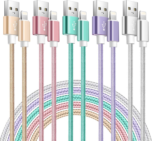 MFi Certified 5-Pack Nylon Braided Lightning Cables for iPhone 14, 13, 12, 11, XS, XR, 8, 7, 6s & iPad.