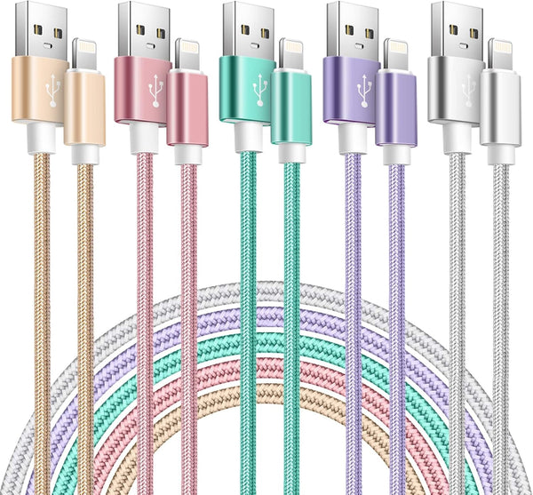 MFi Certified 5-Pack Nylon Braided Lightning Cables for iPhone 14, 13, 12, 11, XS, XR, 8, 7, 6s & iPad.