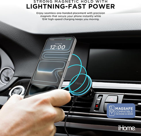 iHome 3-in-1 15W Magnetic Wireless Charging, Flexible Mount for Vent, Dash & Windshield, Fast Charge